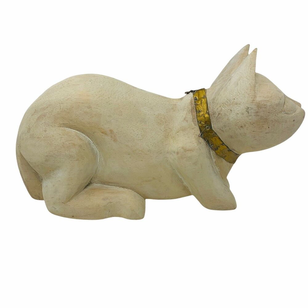Vtg MCM Hand Carved Wooden Cat Figure Statue Sculpture Brass Collar - Picture 2 of 8